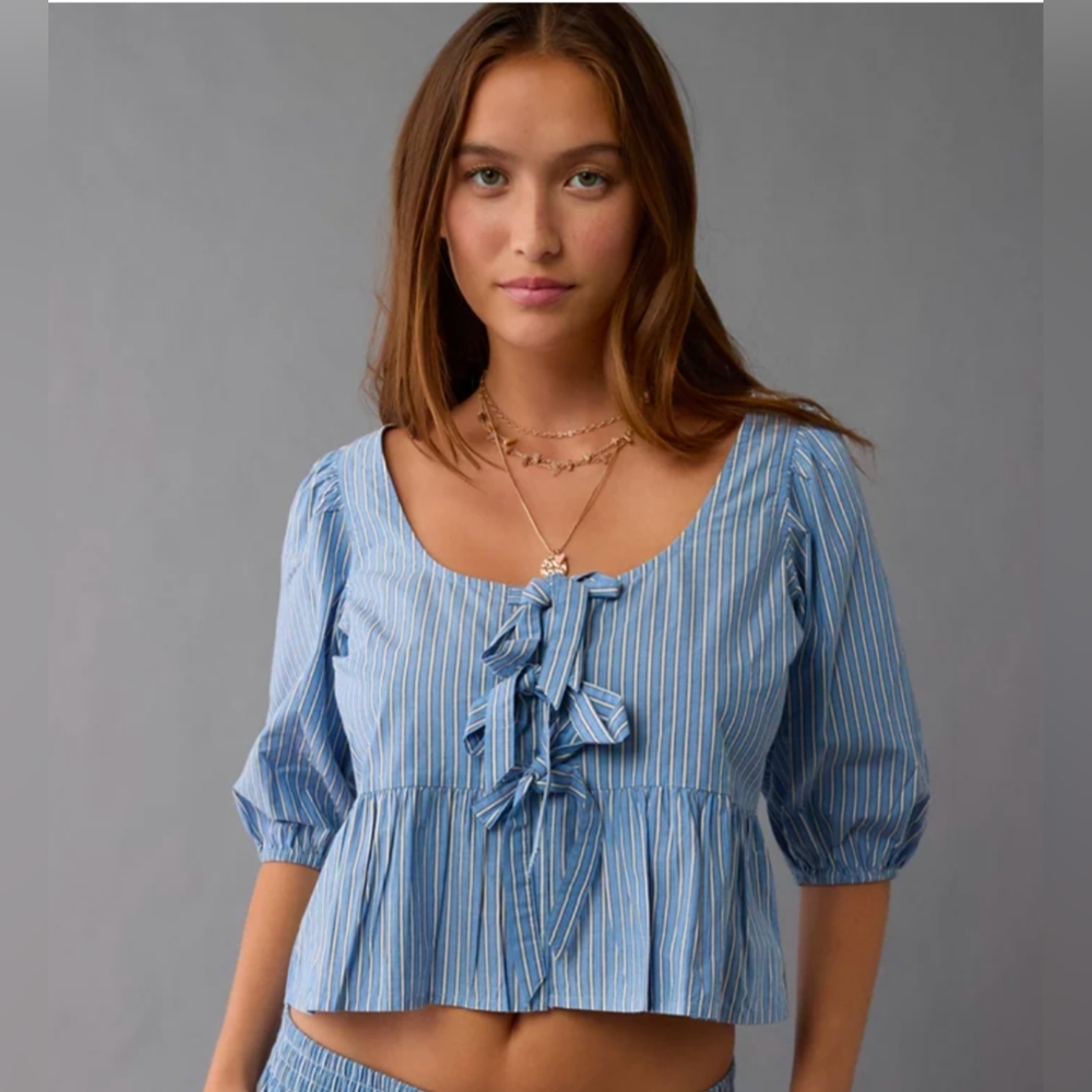 2/30 AE Puff Sleeve Tie Front Babydoll Crop Top Size S